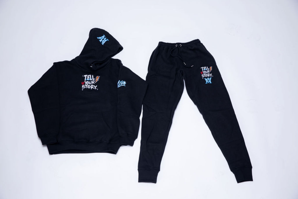 "Tell Your Story" Sweatsuit – Black with Multi-Color Embroidery