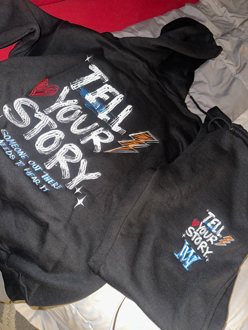 "Tell Your Story" Sweatsuit – Black with Multi-Color Embroidery